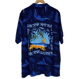 Cherokee Waikiki Wear blue Hawaiian tropical hula lady boat men's shirt sz large